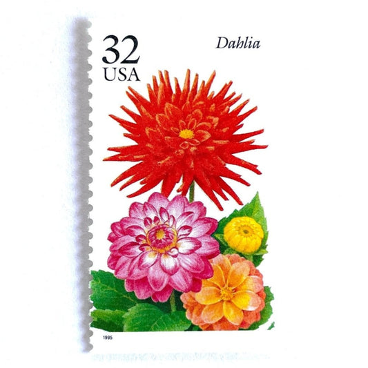 Image of 1995 Garden Flowers series “The Fall Garden: Dahlia” unused 32-cent vintage USPS mail stamps. Scott #2995. Stamp Themes: Flowers, Floral, Botanical, Fragrant, Gardening, Fall, Autumn, Nature, Mexican National Flower. Red, Pink, Yellow, Green, Multicolored gummed postage stamp. Perfect postage stamp to use for save the date announcements, wedding invitation postage, bridal shower invitations, birth announcements, thank you cards, valentine’s day, and snail mail.
