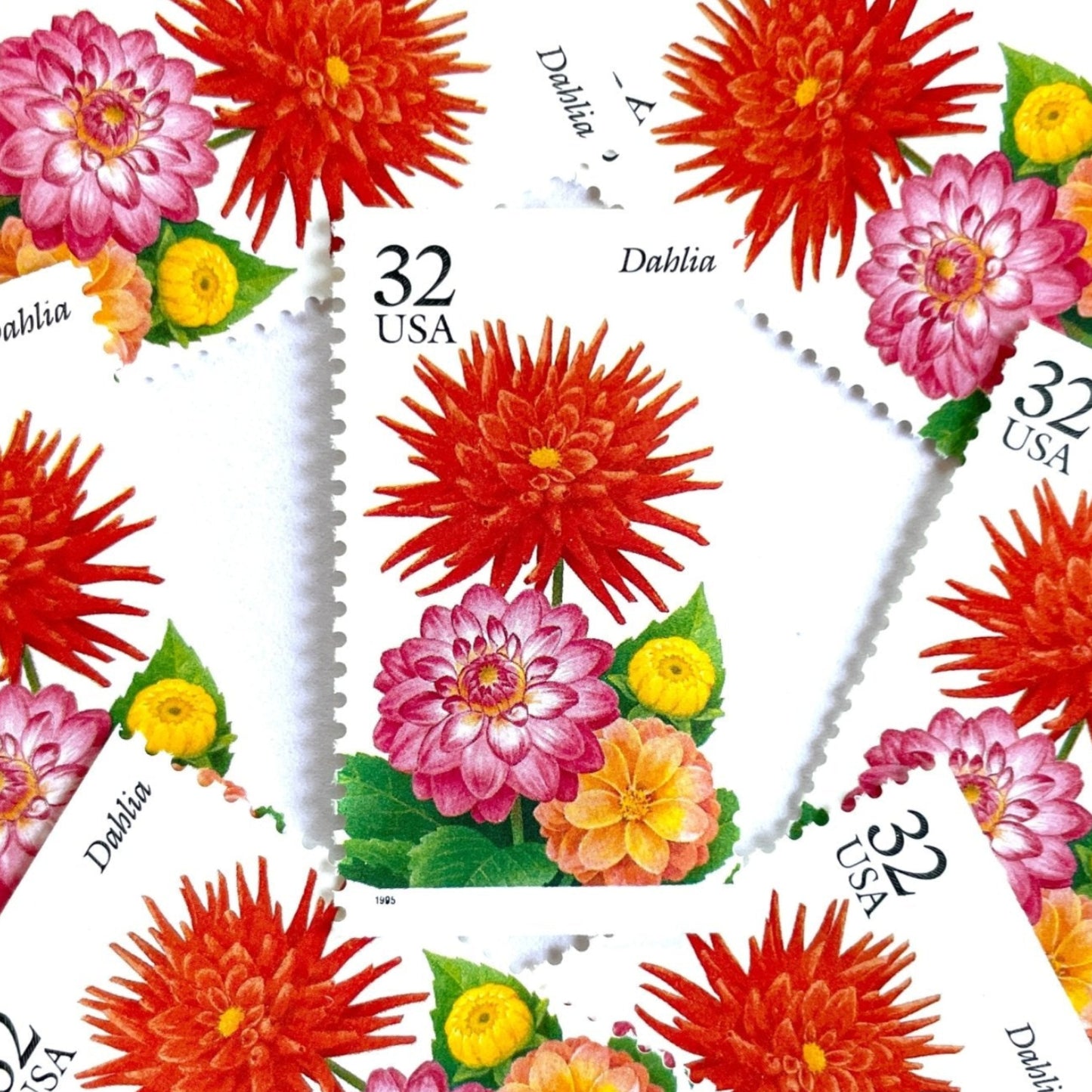 Image of 1995 Garden Flowers series “The Fall Garden: Dahlia” unused 32-cent vintage USPS mail stamps. Scott #2995. Stamp Themes: Flowers, Floral, Botanical, Fragrant, Gardening, Fall, Autumn, Nature, Mexican National Flower. Red, Pink, Yellow, Green, Multicolored gummed postage stamp. Perfect postage stamp to use for save the date announcements, wedding invitation postage, bridal shower invitations, birth announcements, thank you cards, valentine’s day, and snail mail.
