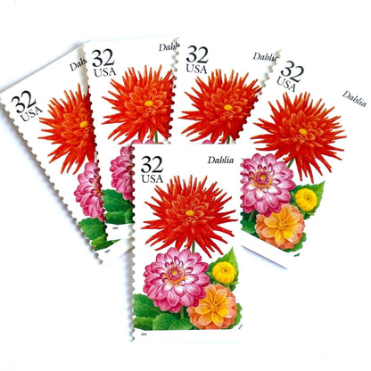 Image of 1995 Garden Flowers series “The Fall Garden: Dahlia” unused 32-cent vintage USPS mail stamps. Scott #2995. Stamp Themes: Flowers, Floral, Botanical, Fragrant, Gardening, Fall, Autumn, Nature, Mexican National Flower. Red, Pink, Yellow, Green, Multicolored gummed postage stamp. Perfect postage stamp to use for save the date announcements, wedding invitation postage, bridal shower invitations, birth announcements, thank you cards, valentine’s day, and snail mail.