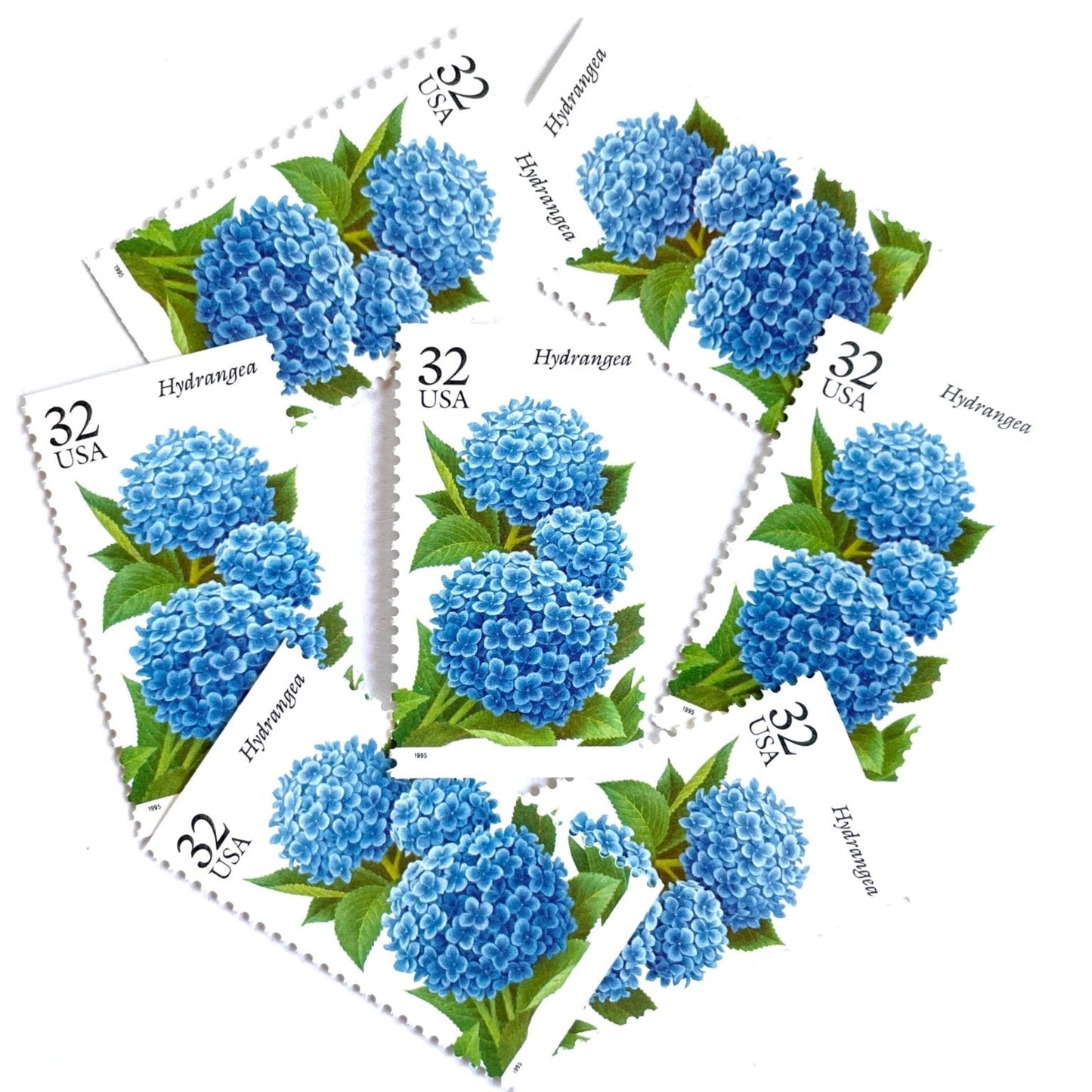 Image of 1995 The Seasonal Garden Series Fall Garden Flowers “Hydrangea” 32-cent vintage unused USPS mail stamps. Scott #2996. Stamp Themes: Flower, Floral, Botanical, Gardening, Nature, Seasons, Fall, Fall Garden Flowers. Blue, Light Blue, Green, Multicolored postage stamp. Perfect vintage postage stamp to use for save the date announcements, wedding invitation postage, shower invitations, thank you cards, and snail mail.
