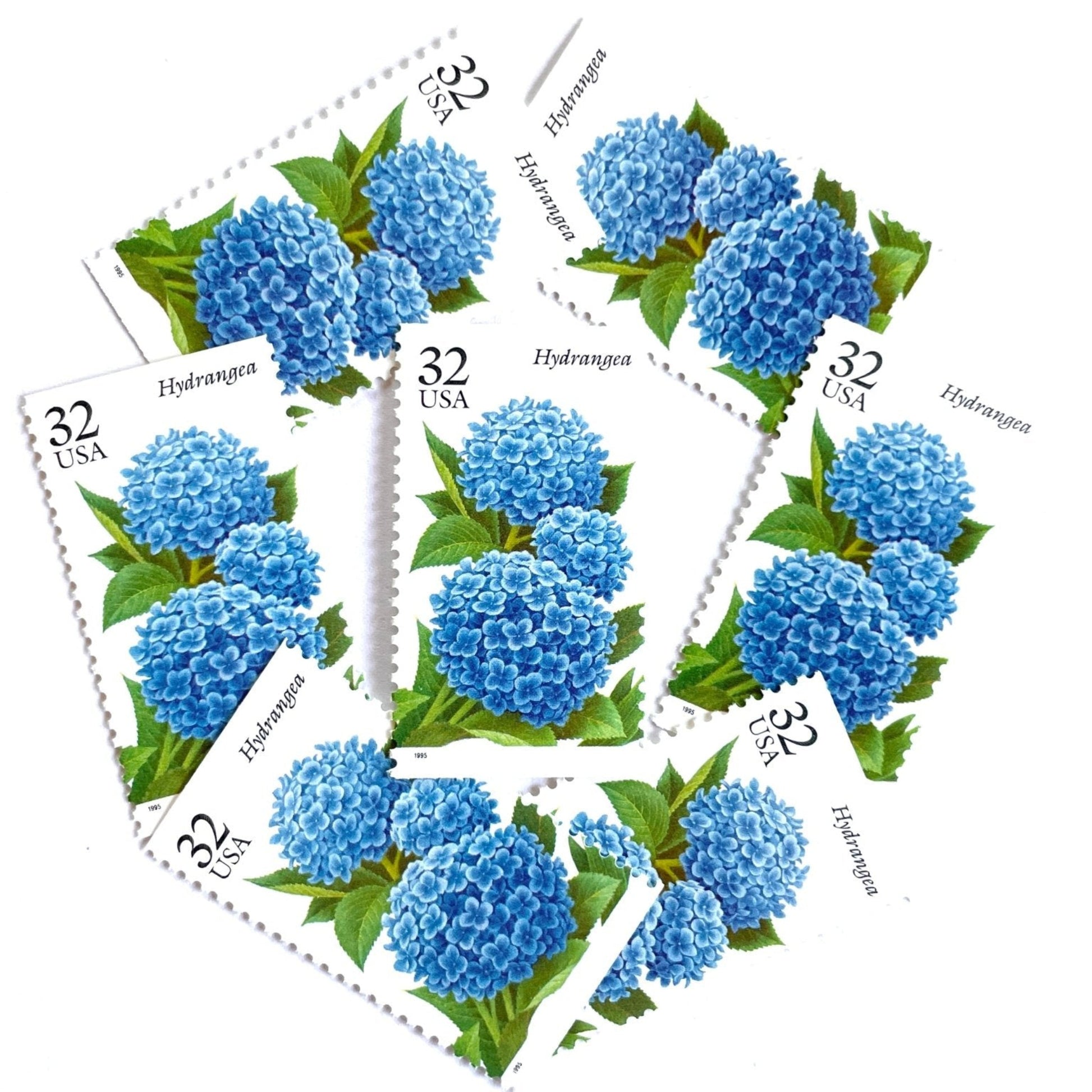 Image of 1995 The Seasonal Garden Series Fall Garden Flowers “Hydrangea” 32-cent vintage unused USPS mail stamps. Scott #2996. Stamp Themes: Flower, Floral, Botanical, Gardening, Nature, Seasons, Fall, Fall Garden Flowers. Blue, Light Blue, Green, Multicolored postage stamp. Perfect vintage postage stamp to use for save the date announcements, wedding invitation postage, shower invitations, thank you cards, and snail mail.