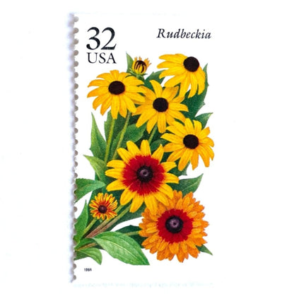 Image of 1995 Garden Flowers series “The Fall Garden: Rudbeckia” aka “Black-eyed Susan” unused 32-cent vintage USPS mail stamps. Scott #2997. Stamp Themes: Flowers, Wildflowers, Floral, Botanical, Fragrant. Yellow, Orange, Green, Multicolored gummed postage stamp. Perfect postage stamp to use for save the date announcements, wedding invitation postage, bridal shower invitations, birth announcements, thank you cards, valentine’s day, and snail mail.