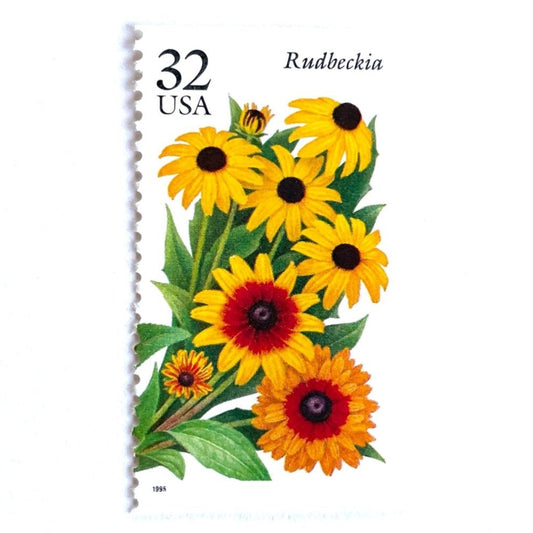 Image of 1995 Garden Flowers series “The Fall Garden: Rudbeckia” aka “Black-eyed Susan” unused 32-cent vintage USPS mail stamps. Scott #2997. Stamp Themes: Flowers, Wildflowers, Floral, Botanical, Fragrant. Yellow, Orange, Green, Multicolored gummed postage stamp. Perfect postage stamp to use for save the date announcements, wedding invitation postage, bridal shower invitations, birth announcements, thank you cards, valentine’s day, and snail mail.