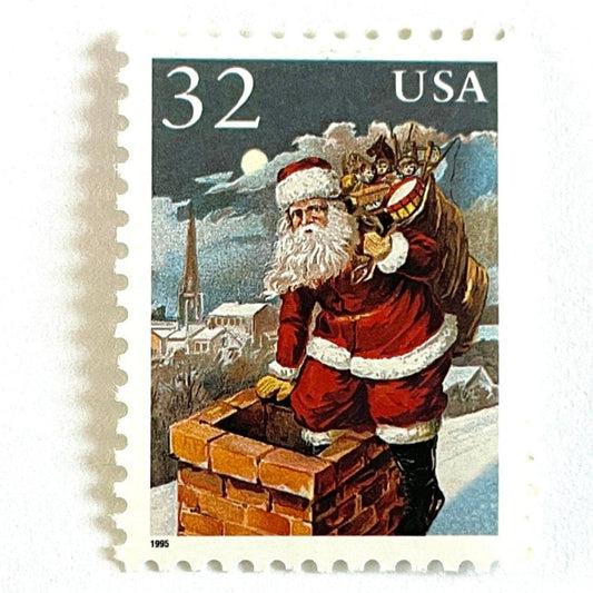 Image of 32-cent Contemporary Christmas 1995 Santa and Children “Santa & Chimney” USPS postage stamp featuring Santa Claus on a rooftop entering a chimney, dressed in his traditional red suit with white trim and a fur-lined hat, depicted with a long white beard and a sack full of toys slung over his shoulder. Scott #3004. Stamp themes: Christmas, holidays, winter, Santa Claus, toys, gifts, winter wedding, winter save-the-date. Red and blue postage stamp.