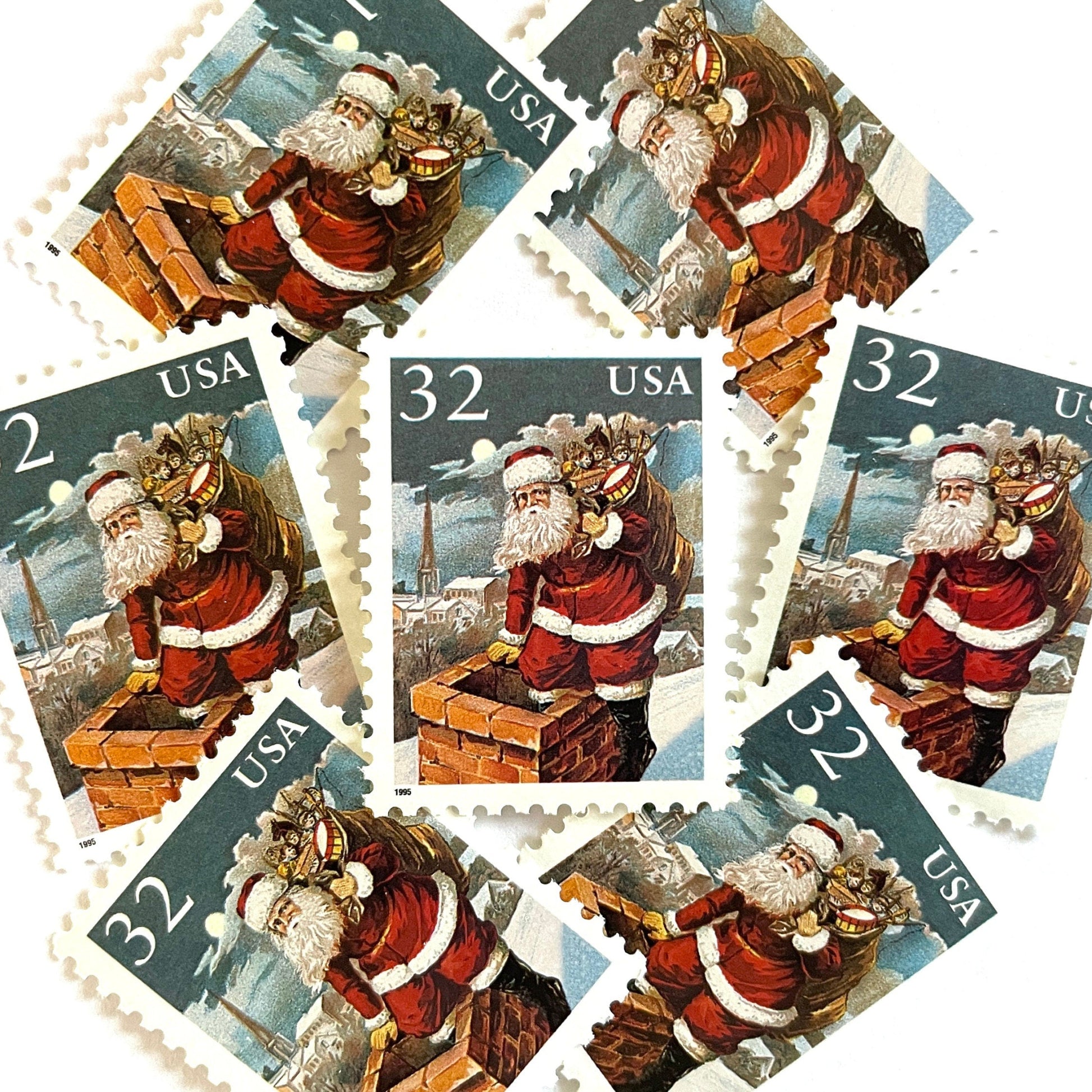 Image of 32-cent Contemporary Christmas 1995 Santa and Children “Santa & Chimney” USPS postage stamps featuring Santa Claus on a rooftop entering a chimney, dressed in his traditional red suit with white trim and a fur-lined hat, depicted with a long white beard and a sack full of toys slung over his shoulder. Scott #3004. Stamp themes: Christmas, holidays, winter, Santa Claus, toys, gifts, winter wedding, winter save-the-date. Red and blue postage stamp.