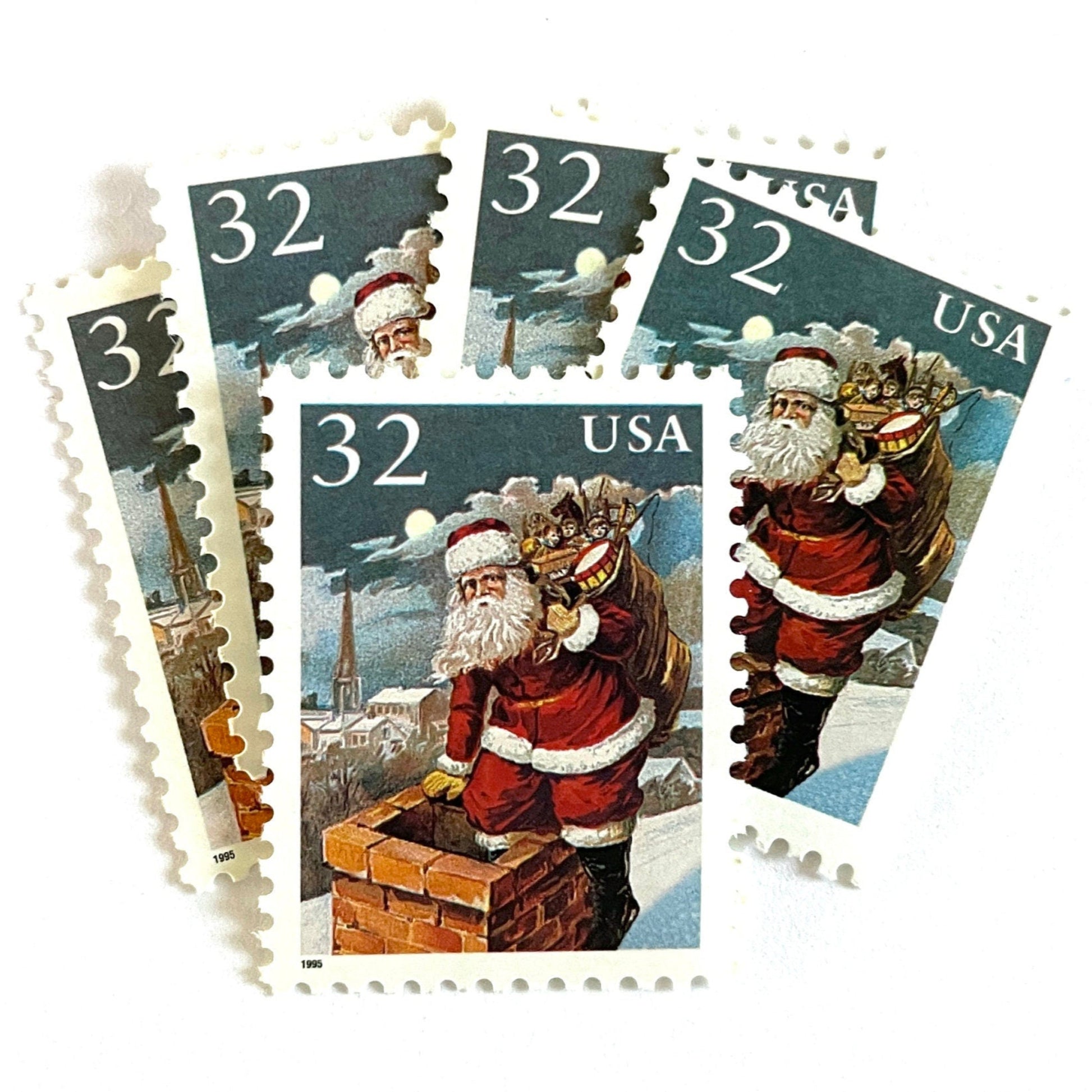 Image of 32-cent Contemporary Christmas 1995 Santa and Children “Santa & Chimney” USPS postage stamps featuring Santa Claus on a rooftop entering a chimney, dressed in his traditional red suit with white trim and a fur-lined hat, depicted with a long white beard and a sack full of toys slung over his shoulder. Scott #3004. Stamp themes: Christmas, holidays, winter, Santa Claus, toys, gifts, winter wedding, winter save-the-date. Red and blue postage stamp.