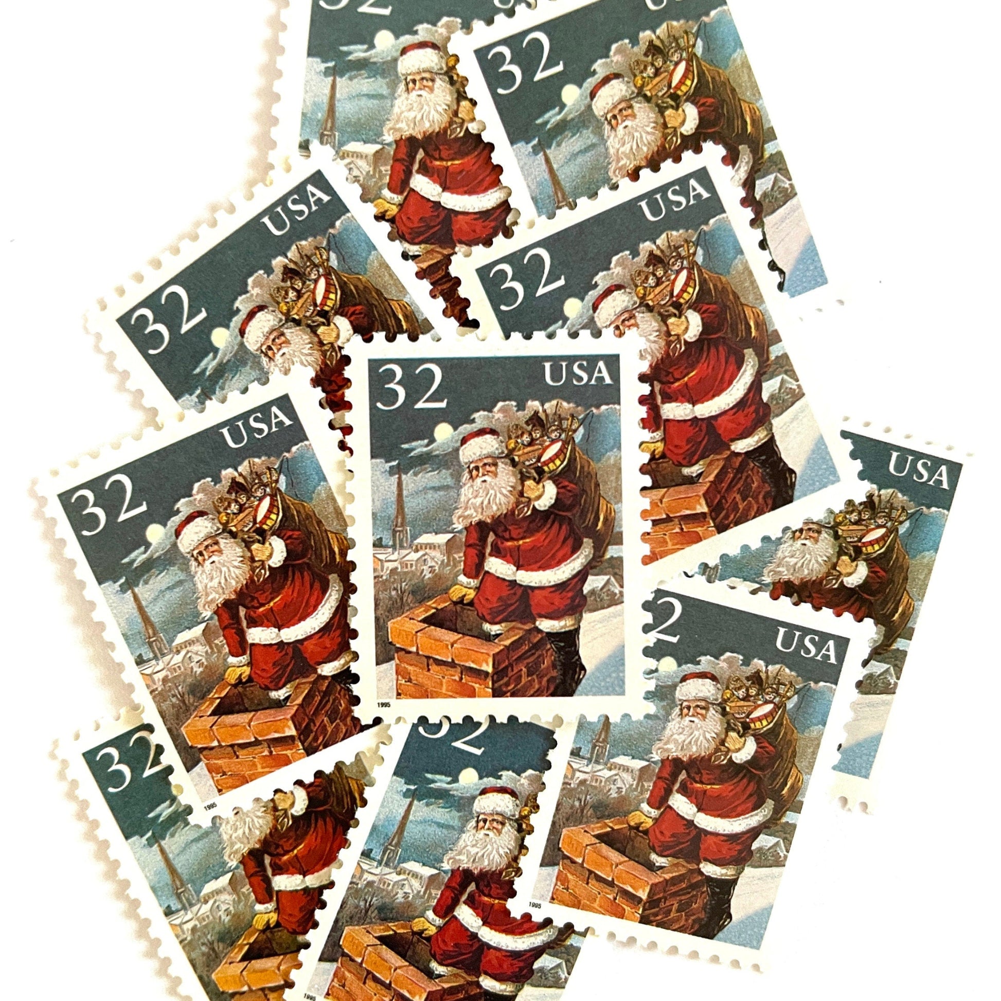 Image of 32-cent Contemporary Christmas 1995 Santa and Children “Santa & Chimney” USPS postage stamps featuring Santa Claus on a rooftop entering a chimney, dressed in his traditional red suit with white trim and a fur-lined hat, depicted with a long white beard and a sack full of toys slung over his shoulder. Scott #3004. Stamp themes: Christmas, holidays, winter, Santa Claus, toys, gifts, winter wedding, winter save-the-date. Red and blue postage stamp.
