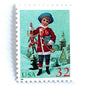 Image of 32-cent Contemporary Christmas 1995 Santa and Children “Child with Jumping Jack” USPS postage stamp featuring a young boy with blond, curly hair and a blue cap, dressed in a festive red coat with white fur trim, holding a traditional wooden jumping jack toy in one hand and a golden trumpet in the other. Scott #3005. Stamp themes: Christmas, holidays, winter, Santa Claus, toys, gifts, winter wedding, winter save-the-date. Green and red postage stamp.