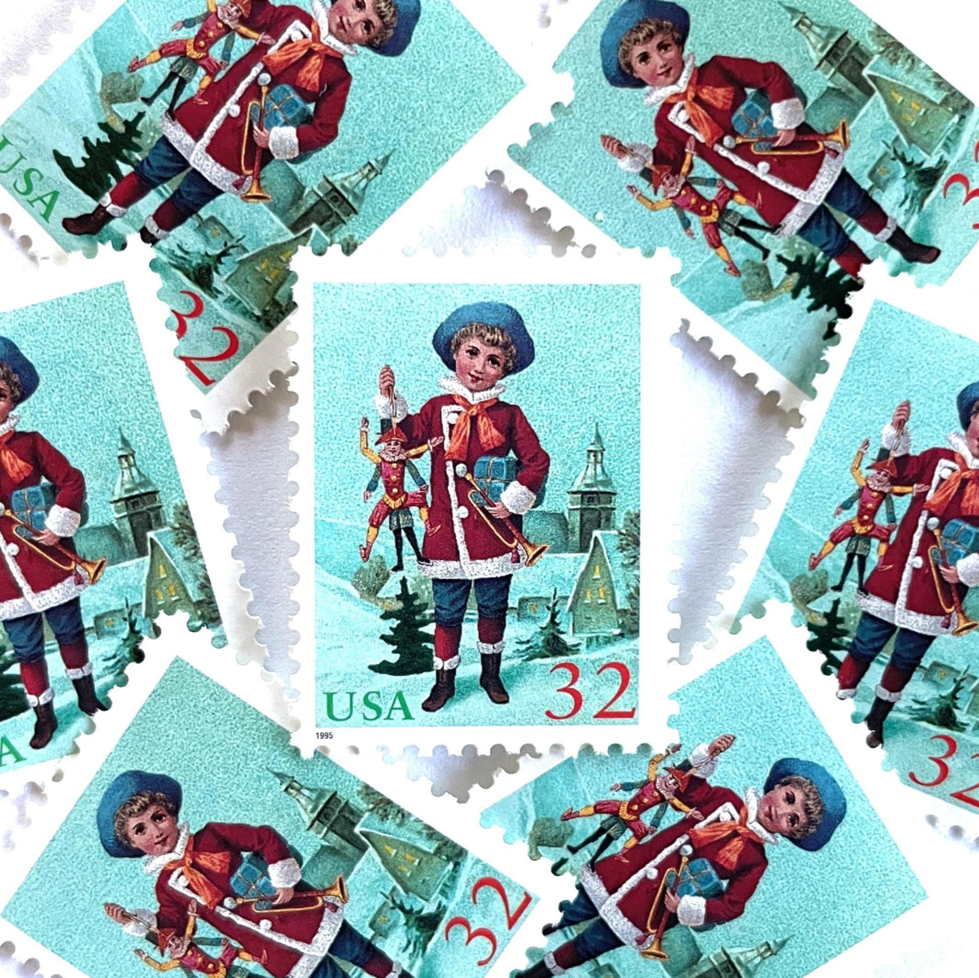 Image of 32-cent Contemporary Christmas 1995 Santa and Children “Child with Jumping Jack” USPS postage stamps featuring a young boy with blond, curly hair and a blue cap, dressed in a festive red coat with white fur trim, holding a traditional wooden jumping jack toy in one hand and a golden trumpet in the other. Scott #3005. Stamp themes: Christmas, holidays, winter, Santa Claus, toys, gifts, winter wedding, winter save-the-date. Green and red postage stamp.