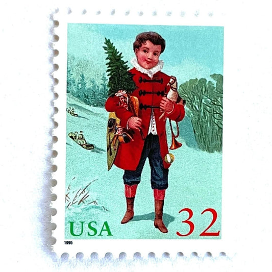 Image of 32-cent Contemporary Christmas 1995 Santa and Children “Child with Tree” USPS postage stamp featuring a boy in a red coat with dark buttons and blue trousers, wearing a ruffled white collar, stands facing forward, holding a small Christmas tree in his left arm and a toy trumpet in his right hand. Scott #3006. Stamp themes: Christmas, holidays, winter, toys, gifts, winter wedding, winter save-the-date. Green and red postage stamp.