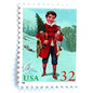 Image of 32-cent Contemporary Christmas 1995 Santa and Children “Child with Tree” USPS postage stamp featuring a boy in a red coat with dark buttons and blue trousers, wearing a ruffled white collar, stands facing forward, holding a small Christmas tree in his left arm and a toy trumpet in his right hand. Scott #3006. Stamp themes: Christmas, holidays, winter, toys, gifts, winter wedding, winter save-the-date. Green and red postage stamp.