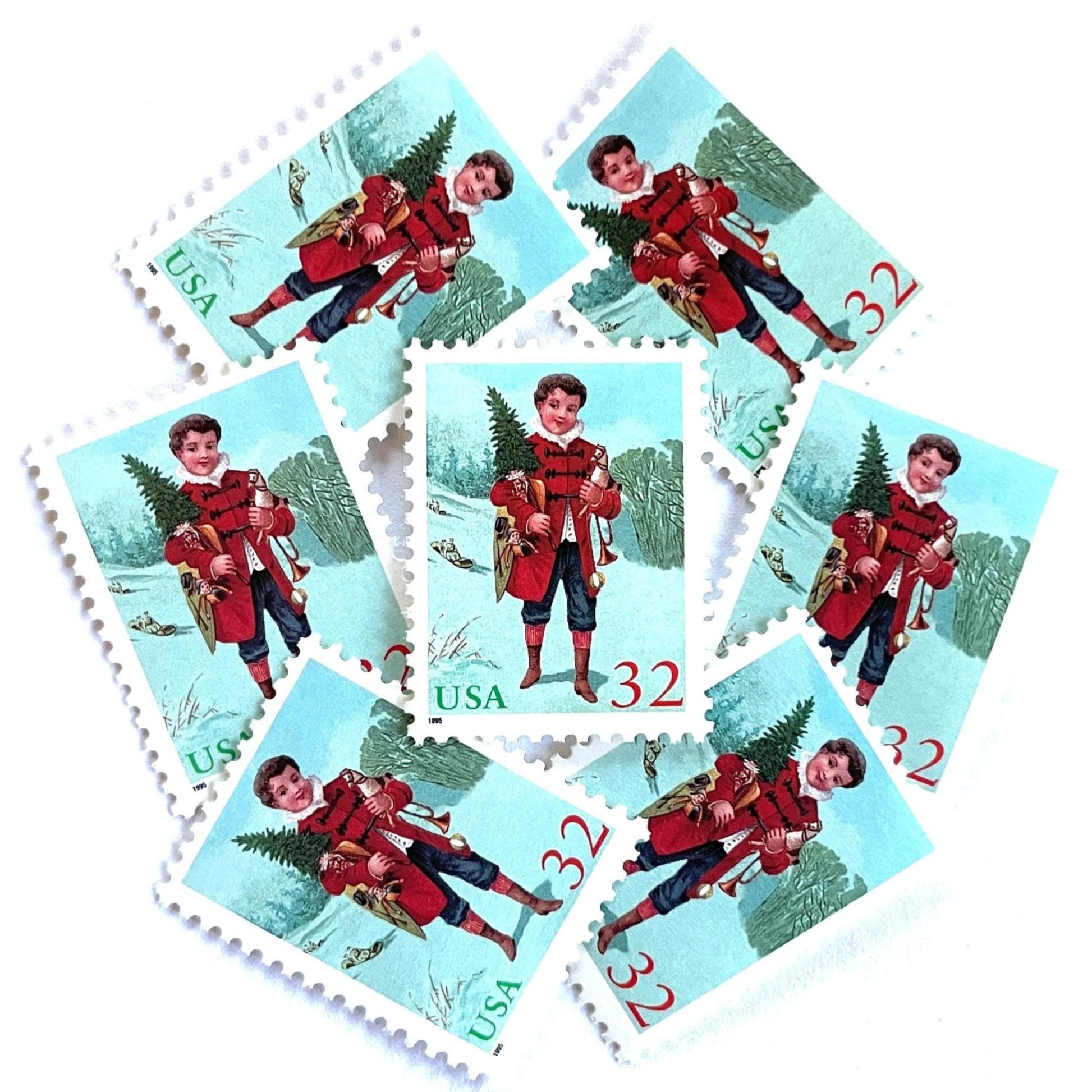 Image of 32-cent Contemporary Christmas 1995 Santa and Children “Child with Tree” USPS postage stamps featuring a boy in a red coat with dark buttons and blue trousers, wearing a ruffled white collar, stands facing forward, holding a small Christmas tree in his left arm and a toy trumpet in his right hand. Scott #3006. Stamp themes: Christmas, holidays, winter, toys, gifts, winter wedding, winter save-the-date. Green and red postage stamp.