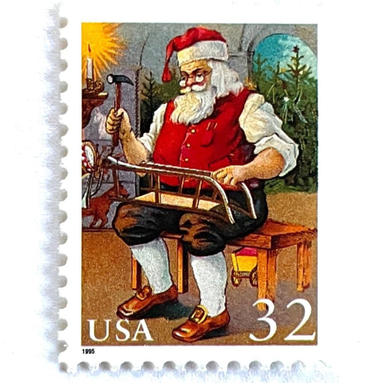 Image of 32-cent Contemporary Christmas 1995 Santa and Children “Santa Building a Sled” USPS postage stamp featuring a classic illustration of Santa Claus at work in his workshop, depicted sitting on a wooden bench, wearing his traditional red suit and hat, with a long white beard and spectacles, building a toy sled. Scott #3007. Stamp themes: Christmas, holidays, winter, toys, gifts, winter wedding, winter save-the-date. Red postage stamp.