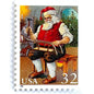 Image of 32-cent Contemporary Christmas 1995 Santa and Children “Santa Building a Sled” USPS postage stamp featuring a classic illustration of Santa Claus at work in his workshop, depicted sitting on a wooden bench, wearing his traditional red suit and hat, with a long white beard and spectacles, building a toy sled. Scott #3007. Stamp themes: Christmas, holidays, winter, toys, gifts, winter wedding, winter save-the-date. Red postage stamp.