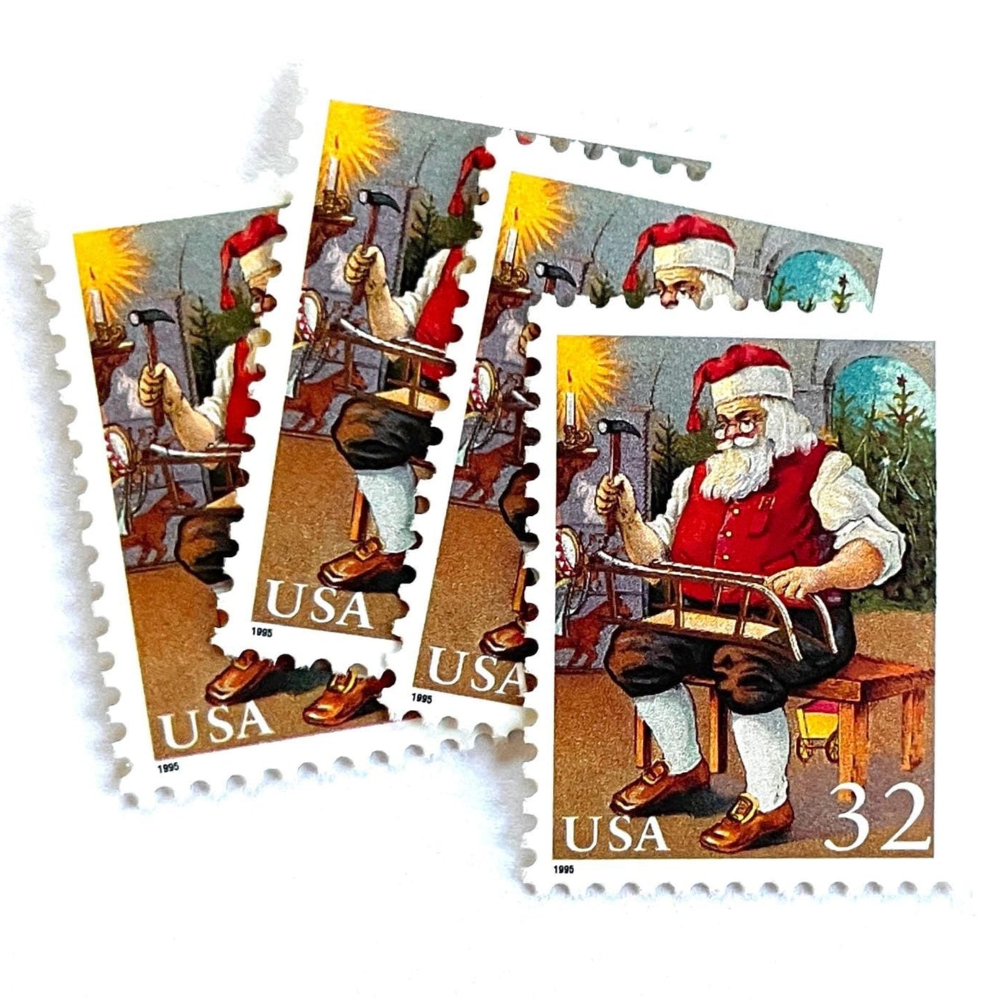 Image of 32-cent Contemporary Christmas 1995 Santa and Children “Santa Building a Sled” USPS postage stamps featuring a classic illustration of Santa Claus at work in his workshop, depicted sitting on a wooden bench, wearing his traditional red suit and hat, with a long white beard and spectacles, building a toy sled. Scott #3007. Stamp themes: Christmas, holidays, winter, toys, gifts, winter wedding, winter save-the-date. Red postage stamp.