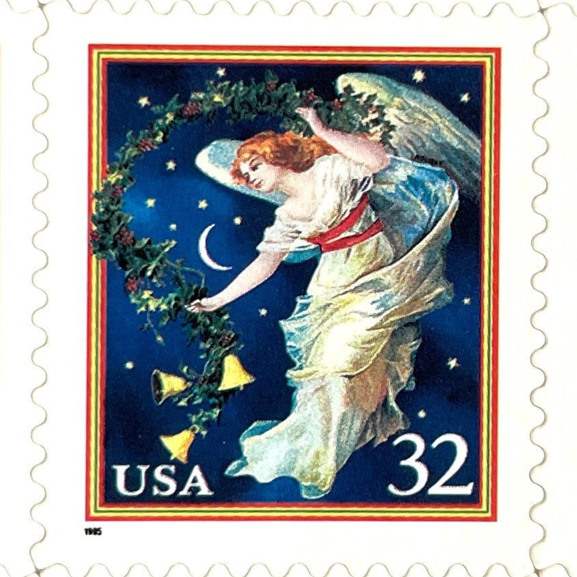 Image of 1995 Christmas “Midnight Angel” 32-cent stamps. Scott #3012. Stamp Themes: Christmas, Holidays, Angel, Celestial, Heavens, Bells, Night Sky, Victorian Christmas. Blue postage stamp.