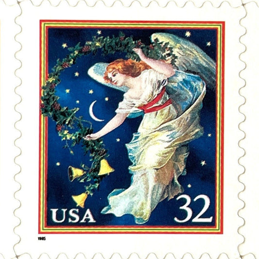 Image of 1995 Christmas “Midnight Angel” 32-cent stamps. Scott #3012. Stamp Themes: Christmas, Holidays, Angel, Celestial, Heavens, Bells, Night Sky, Victorian Christmas. Blue postage stamp.