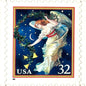 Image of 1995 Christmas “Midnight Angel” 32-cent stamps. Scott #3012. Stamp Themes: Christmas, Holidays, Angel, Celestial, Heavens, Bells, Night Sky, Victorian Christmas. Blue postage stamp.