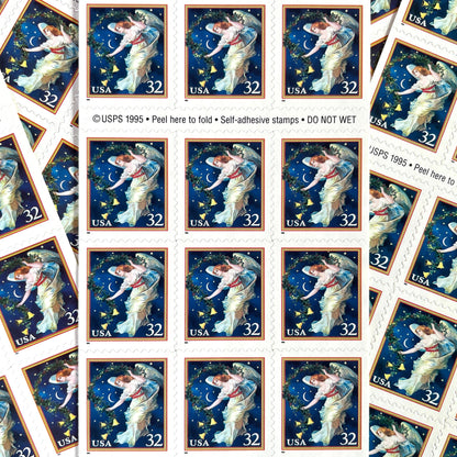 Image of 1995 Christmas “Midnight Angel” 32-cent stamps. Scott #3012. Stamp Themes: Christmas, Holidays, Angel, Celestial, Heavens, Bells, Night Sky, Victorian Christmas. Blue postage stamp.