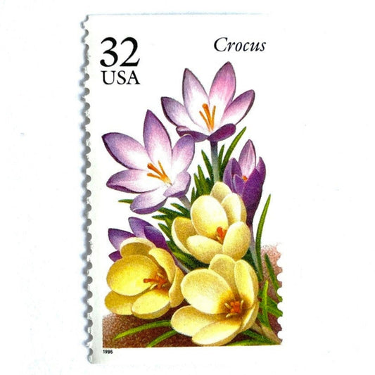 Image of vintage unused USPS Crocus postage stamps from the 1996 Winter Garden Flowers series, featuring a purple crocus flower with green foliage, 32-cent face value, Scott 3025.