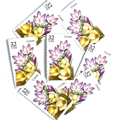 Image of vintage unused USPS Crocus postage stamps from the 1996 Winter Garden Flowers series, featuring a purple crocus flower with green foliage, 32-cent face value, Scott 3025.