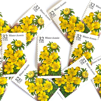 Image of vintage 1996 USPS Winter Aconite postage stamps from the Winter Garden Flowers series, featuring yellow flowers with green foliage and brown garden soil, 32-cent face value, Scott Number 3026.