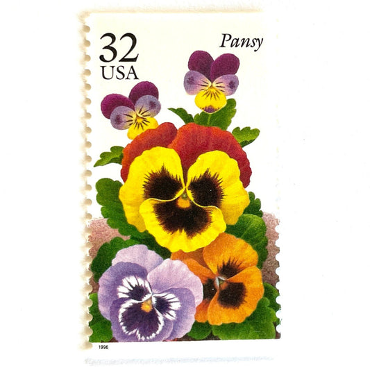 1996 32c Winter Garden Flowers Pansy USPS postage stamp, Scott 3027, featuring a purple and yellow pansy with green leaves from the Garden Flowers series.