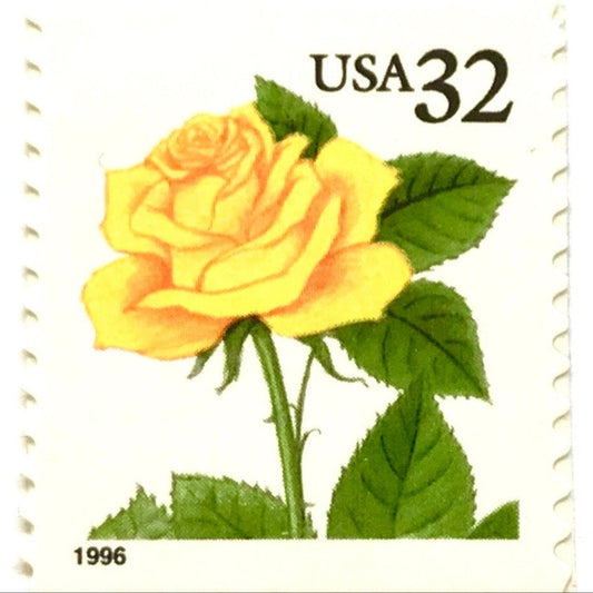 Vintage Yellow Rose postage stamp from the 1996 Flora & Fauna series featuring a bright yellow rose with green foliage on unused 32-cent USPS postage, Scott 3049.