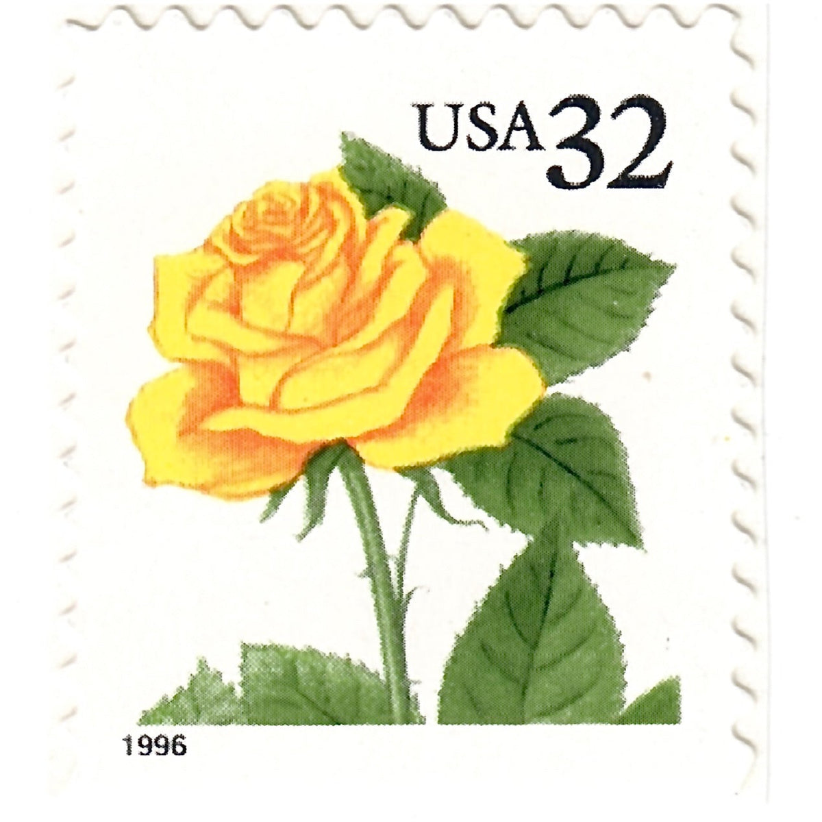 Vintage Yellow Rose postage stamp from the 1996 Flora & Fauna series featuring a bright yellow rose with green foliage on unused 32-cent USPS postage, Scott 3049.