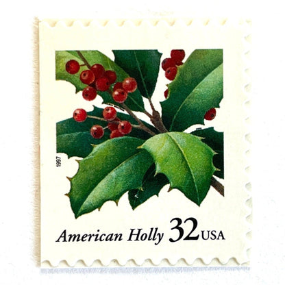 Image of 1997 Contemporary Christmas “American Holly” 32-cent stamps. Scott #3177. Stamp Themes: Holly, Red Berries, Christmas, Holidays, Winter, Evergreen. Green and red postage stamp.