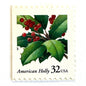 Image of 1997 Contemporary Christmas “American Holly” 32-cent stamps. Scott #3177. Stamp Themes: Holly, Red Berries, Christmas, Holidays, Winter, Evergreen. Green and red postage stamp.