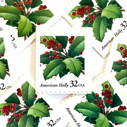 Image of 1997 Contemporary Christmas “American Holly” 32-cent stamps. Scott #3177. Stamp Themes: Holly, Red Berries, Christmas, Holidays, Winter, Evergreen. Green and red postage stamp.