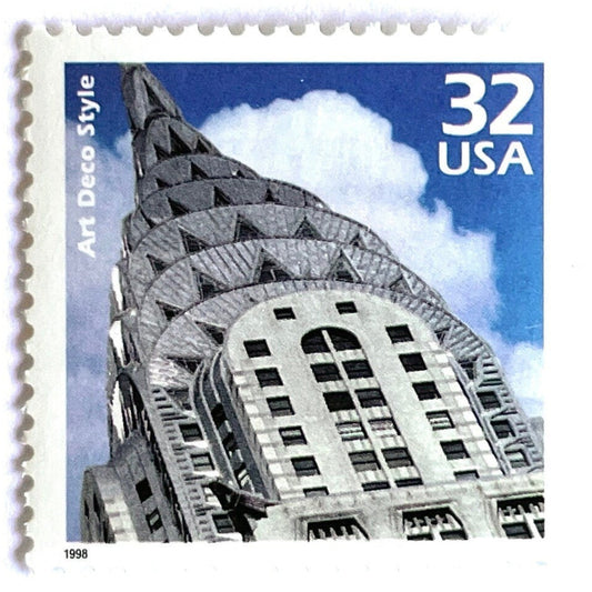 Art Deco Style postage stamps from 1998 featuring Peter B. Kaplan’s photograph of New York City’s Chrysler Building on vintage unused 32-cent USPS postage, Scott 3184j.