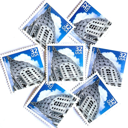 Image of 1998 Celebrate the Century - 1920s “Art Deco” 32-cent mail stamps. Scott #3184j. Stamp Themes: Art Deco Style, Chrysler Building, NYC, New York City. Blue and white postage stamp.