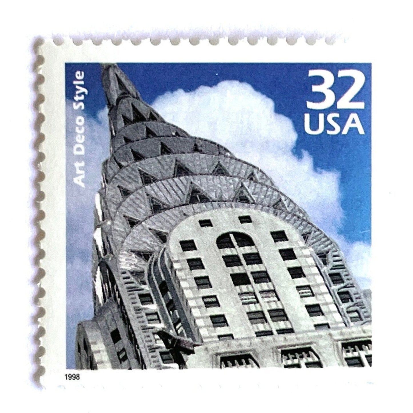 Image of 1998 Celebrate the Century - 1920s “Art Deco” 32-cent mail stamps. Scott #3184j. Stamp Themes: Art Deco Style, Chrysler Building, NYC, New York City. Blue and white postage stamp.