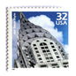 Image of 1998 Celebrate the Century - 1920s “Art Deco” 32-cent mail stamps. Scott #3184j. Stamp Themes: Art Deco Style, Chrysler Building, NYC, New York City. Blue and white postage stamp.