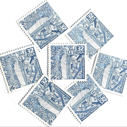 Empire State Building postage stamps from 1998 featuring Paul Calle’s pencil-sketch illustration of the iconic New York City skyscraper on vintage unused 32-cent USPS postage, Scott 3185b.