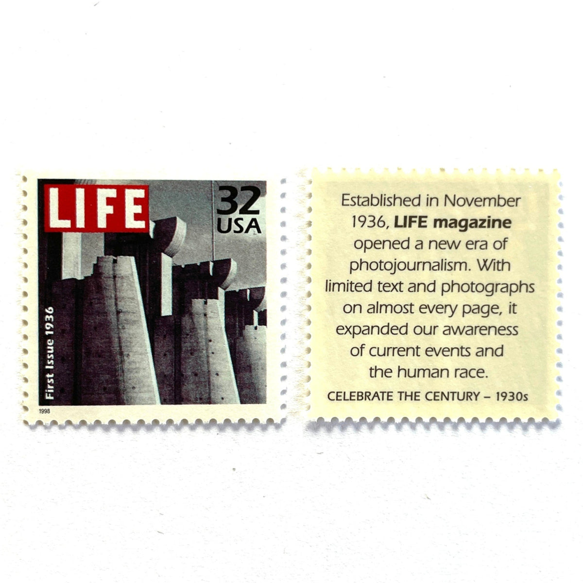 1st Issue LIFE Magazine postage stamps from 1998 featuring Margaret Bourke-White’s black-and-white photograph of Fort Peck Dam on the November 1936 debut cover of LIFE on vintage unused 32-cent USPS postage, Scott 3185c.