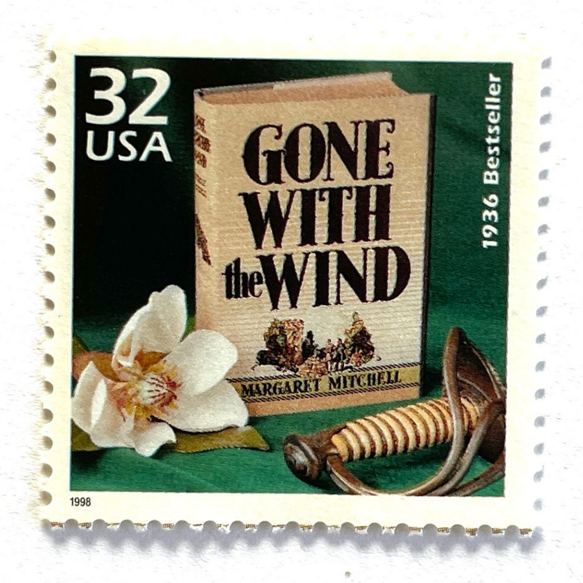 Image of 1998 Celebrate the Century — 1930s Gone With the Wind 32 cent stamps. Scott #3185i. Stamp themes: Classic Books, Novel, Literacy, Famous Movies, Cinema, Author Margaret Mitchell, Pulitzer Prize, Rhett Butler, Scarlet O'Hara, Southern Belle, Southern, Old South, Plantation, Civil War, Reconstruction, #1 Bestseller, Fiction, Love Story, Great American Classics, Burning of Atlanta, Magnolia, “Tomorrow is another day", "Frankly, my dear, I don't give a damn".