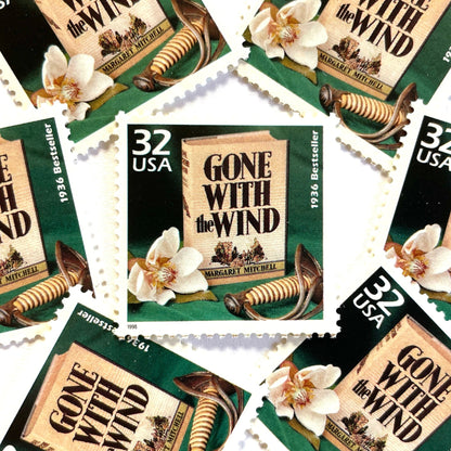 Image of 1998 Celebrate the Century — 1930s Gone With the Wind 32 cent stamps. Scott #3185i. Stamp themes: Classic Books, Novel, Literacy, Famous Movies, Cinema, Author Margaret Mitchell, Pulitzer Prize, Rhett Butler, Scarlet O'Hara, Southern Belle, Southern, Old South, Plantation, Civil War, Reconstruction, #1 Bestseller, Fiction, Love Story, Great American Classics, Burning of Atlanta, Magnolia, “Tomorrow is another day", "Frankly, my dear, I don't give a damn".