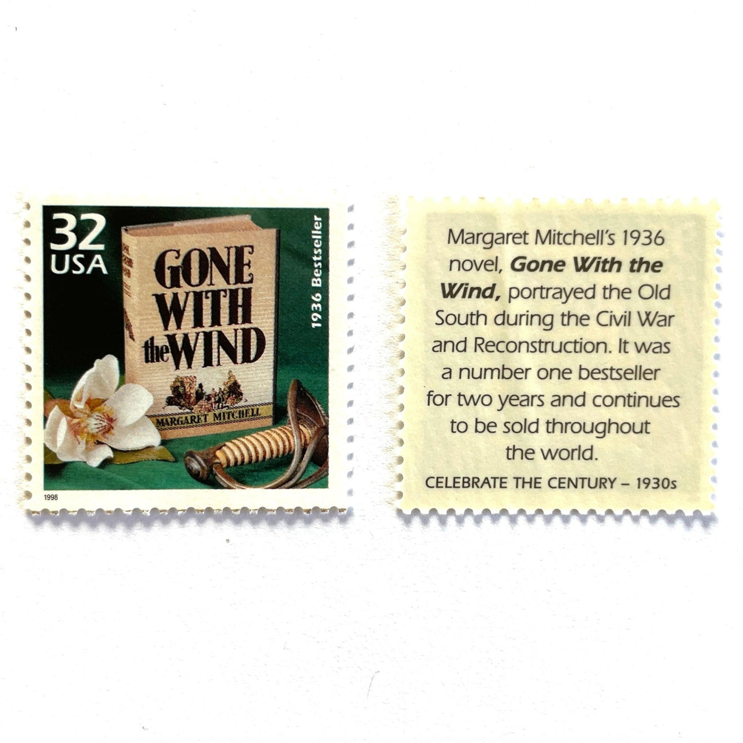 Image of 1998 Celebrate the Century — 1930s Gone With the Wind 32 cent stamps. Scott #3185i. Stamp themes: Classic Books, Novel, Literacy, Famous Movies, Cinema, Author Margaret Mitchell, Pulitzer Prize, Rhett Butler, Scarlet O'Hara, Southern Belle, Southern, Old South, Plantation, Civil War, Reconstruction, #1 Bestseller, Fiction, Love Story, Great American Classics, Burning of Atlanta, Magnolia, “Tomorrow is another day", "Frankly, my dear, I don't give a damn".