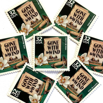 Image of 1998 Celebrate the Century — 1930s Gone With the Wind 32 cent stamps. Scott #3185i. Stamp themes: Classic Books, Novel, Literacy, Famous Movies, Cinema, Author Margaret Mitchell, Pulitzer Prize, Rhett Butler, Scarlet O'Hara, Southern Belle, Southern, Old South, Plantation, Civil War, Reconstruction, #1 Bestseller, Fiction, Love Story, Great American Classics, Burning of Atlanta, Magnolia, “Tomorrow is another day", "Frankly, my dear, I don't give a damn".