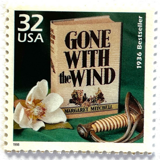 Gone With the Wind postage stamps from 1998 honoring Margaret Mitchell’s 1936 novel with a photographic literary design on vintage unused 32-cent USPS postage, Scott 3185i.