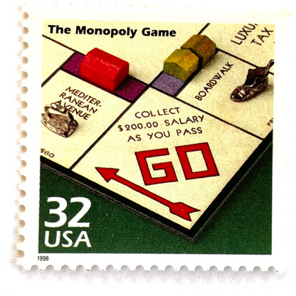 Image of 1998 Celebrate the Century — 1930s The Monopoly Game 32 cent stamps. Scott #3185o. Stamp themes: Board Games, Family Game Night, Gameplay, Pass GO, Get Out of Jail, Monopoly Money, Real Estate, Bankruptcy, Great Depression, Mortgage, Rent, Own it All.