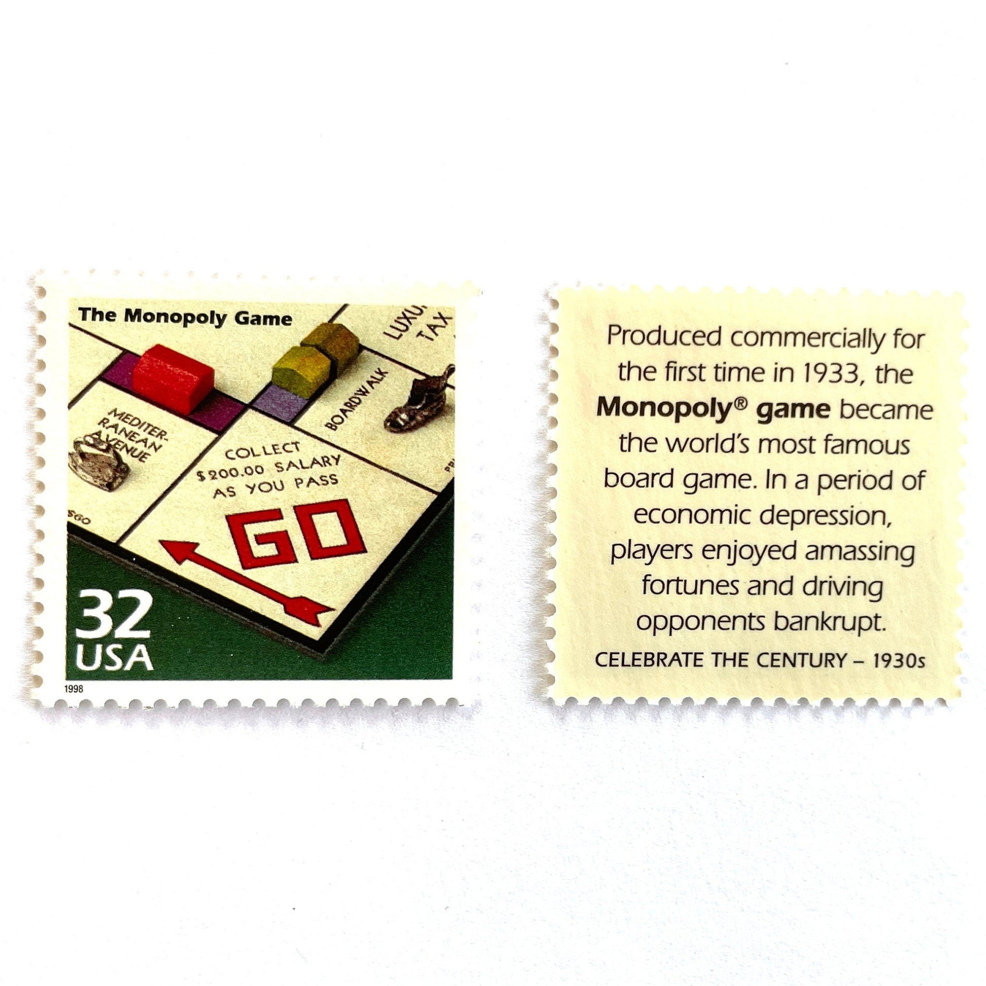 Image of 1998 Celebrate the Century — 1930s The Monopoly Game 32 cent stamps. Scott #3185o. Stamp themes: Board Games, Family Game Night, Gameplay, Pass GO, Get Out of Jail, Monopoly Money, Real Estate, Bankruptcy, Great Depression, Mortgage, Rent, Own it All.