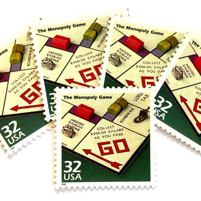 Image of 1998 Celebrate the Century — 1930s The Monopoly Game 32 cent stamps. Scott #3185o. Stamp themes: Board Games, Family Game Night, Gameplay, Pass GO, Get Out of Jail, Monopoly Money, Real Estate, Bankruptcy, Great Depression, Mortgage, Rent, Own it All.