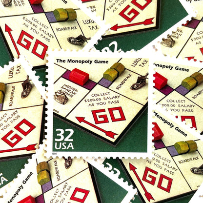 Image of 1998 Celebrate the Century — 1930s The Monopoly Game 32 cent stamps. Scott #3185o. Stamp themes: Board Games, Family Game Night, Gameplay, Pass GO, Get Out of Jail, Monopoly Money, Real Estate, Bankruptcy, Great Depression, Mortgage, Rent, Own it All.