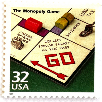 The Monopoly Game postage stamp from 1998 featuring Robert McClintock’s photograph of the classic Monopoly board on vintage unused 32-cent USPS postage, Scott 3185o.