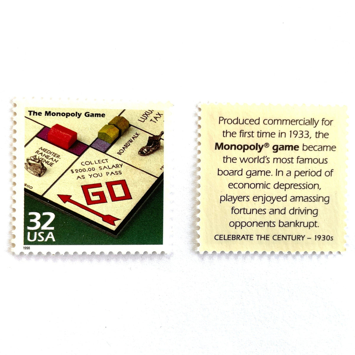 The Monopoly Game postage stamps from 1998 featuring Robert McClintock’s photograph of the classic Monopoly board on vintage unused 32-cent USPS postage, Scott 3185o.
