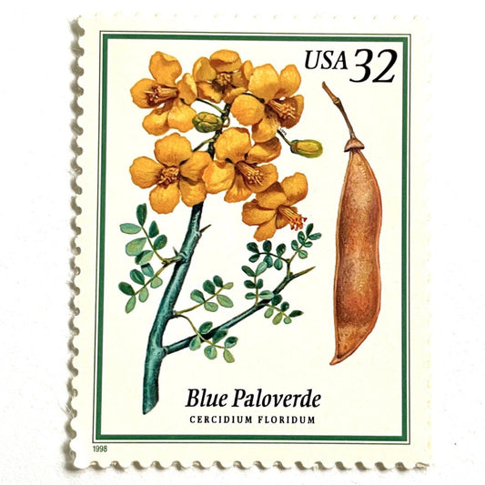 Blue Paloverde postage stamp from 1998 featuring yellow desert blossoms and blue-green branches on vintage unused 32-cent USPS postage, Scott 3194.